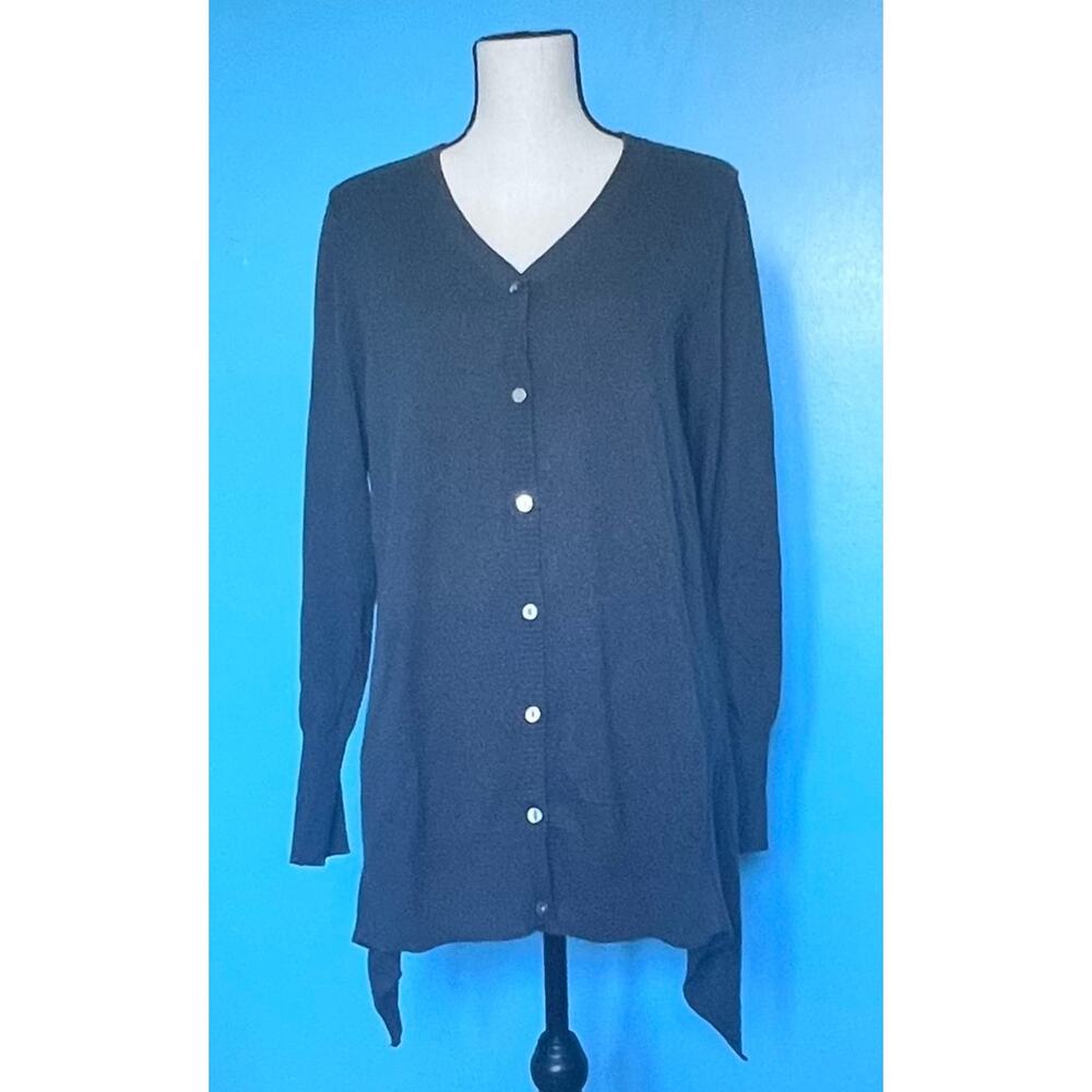 LOGO by Lori Goldstein Cotton Cashmere Cardigan L Button Front Asymmetrical Hem